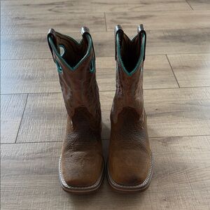 Dan Post Kids Brown Leather Cowboy Boots with Teal Trim